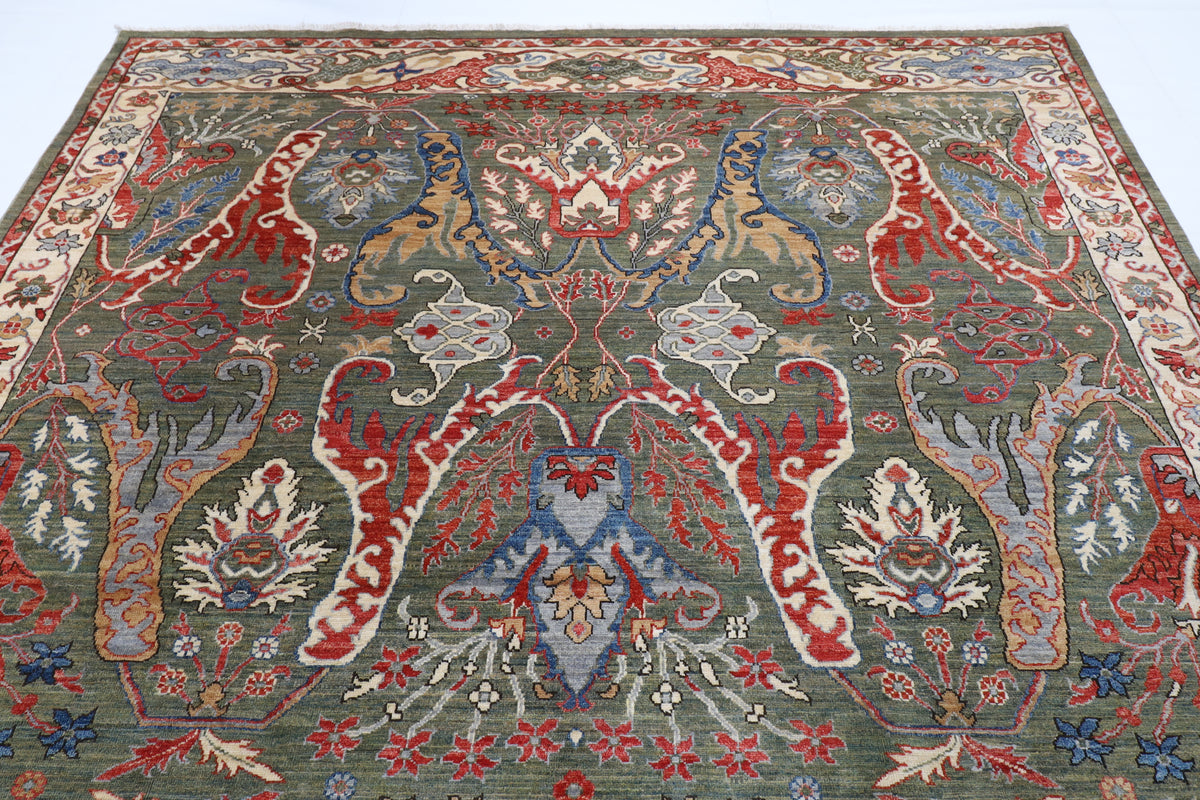 248 x 299 cm | Kawros Green Design Hand Knotted Wool Afghan Carpet