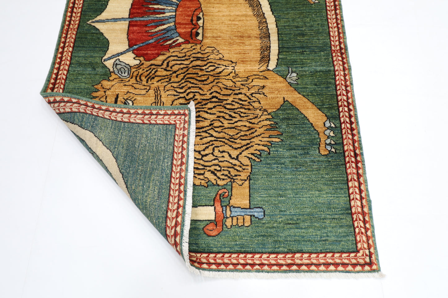 106 x 165 cm | Oriental Lion Green Area Rug Afghan Hand Knotted Veg dye Wool carpet