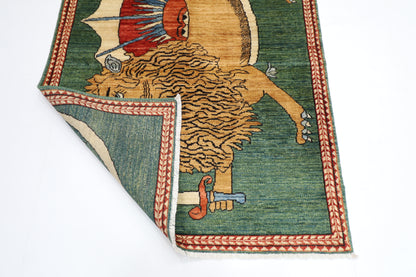 106 x 165 cm | Oriental Lion Green Area Rug Afghan Hand Knotted Veg dye Wool carpet