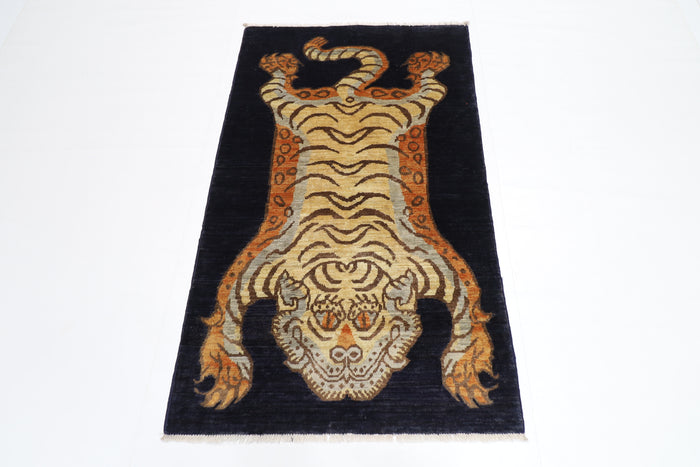 91 x 151 cm | Oriental Tiger Blue Area Rug Afghan Hand Knotted Veg dye Wool carpet