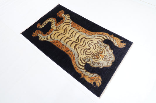 91 x 151 cm | Oriental Tiger Blue Area Rug Afghan Hand Knotted Veg dye Wool carpet