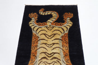 91 x 151 cm | Oriental Tiger Blue Area Rug Afghan Hand Knotted Veg dye Wool carpet