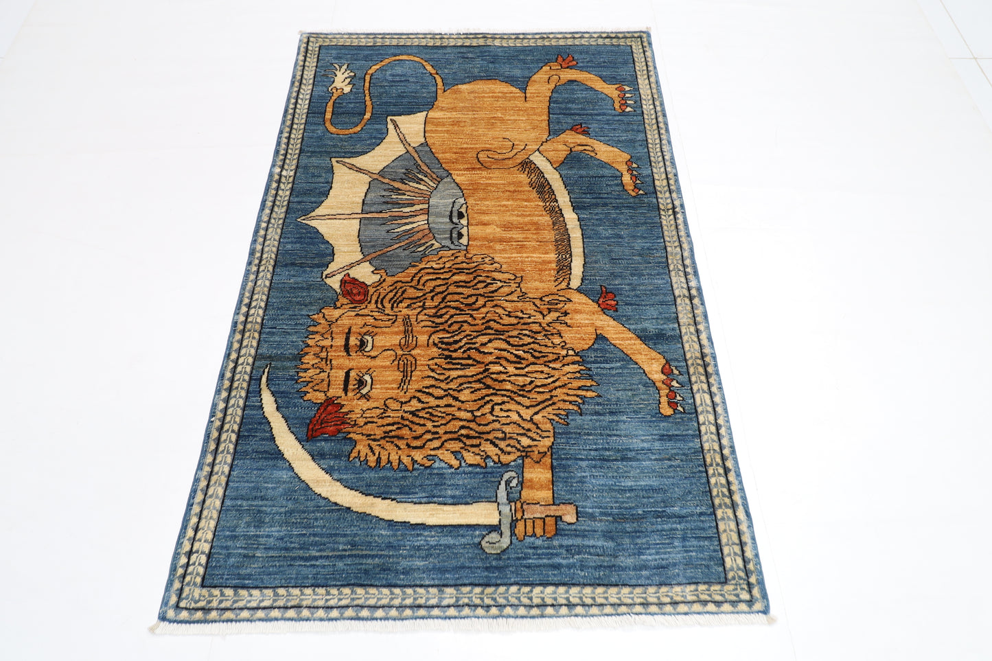 105 x 162 cm | Oriental Lion Blue Area Rug Afghan Hand Knotted Veg dye Wool carpet