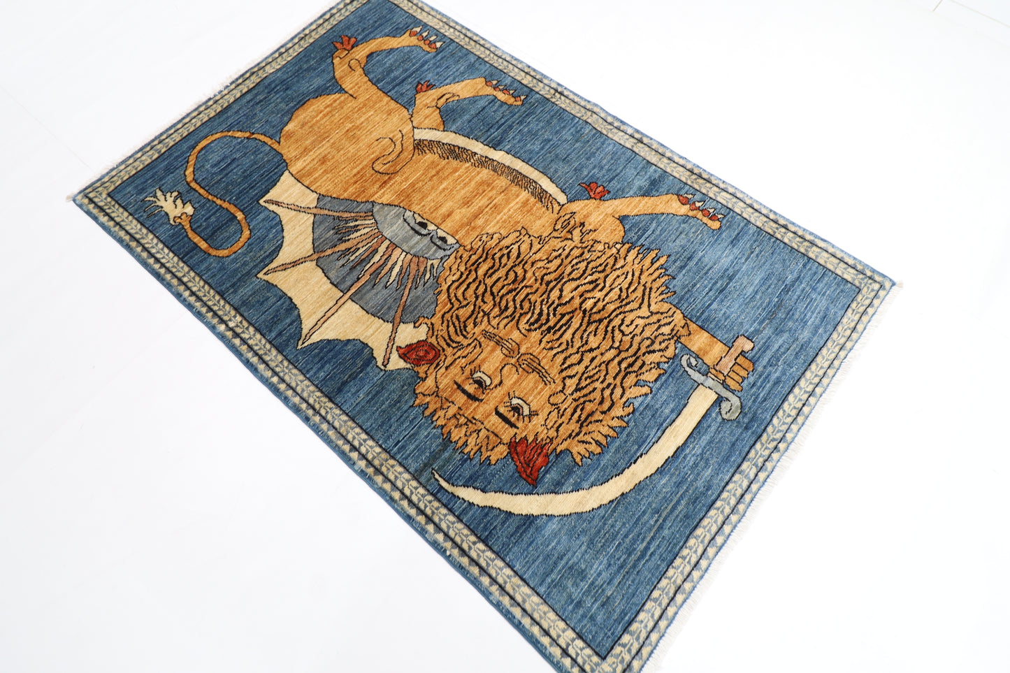 105 x 162 cm | Oriental Lion Blue Area Rug Afghan Hand Knotted Veg dye Wool carpet