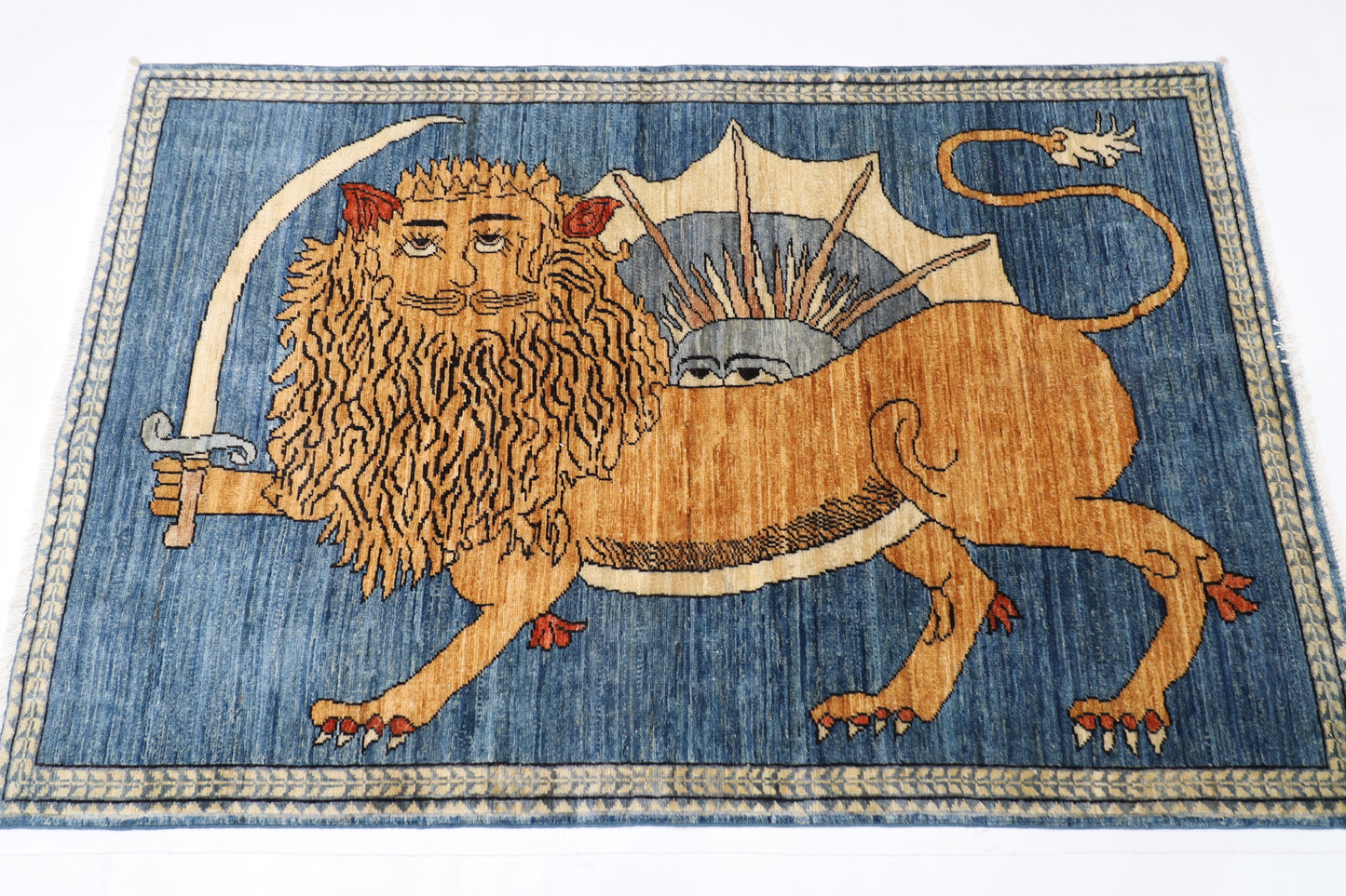 105 x 162 cm | Oriental Lion Blue Area Rug Afghan Hand Knotted Veg dye Wool carpet