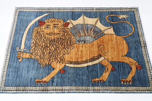 105 x 162 cm | Oriental Lion Blue Area Rug Afghan Hand Knotted Veg dye Wool carpet