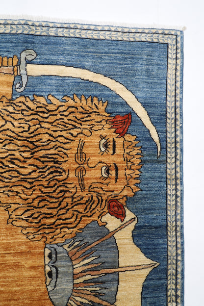 105 x 162 cm | Oriental Lion Blue Area Rug Afghan Hand Knotted Veg dye Wool carpet
