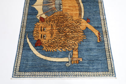 105 x 162 cm | Oriental Lion Blue Area Rug Afghan Hand Knotted Veg dye Wool carpet