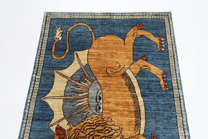 105 x 162 cm | Oriental Lion Blue Area Rug Afghan Hand Knotted Veg dye Wool carpet