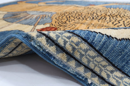 105 x 162 cm | Oriental Lion Blue Area Rug Afghan Hand Knotted Veg dye Wool carpet