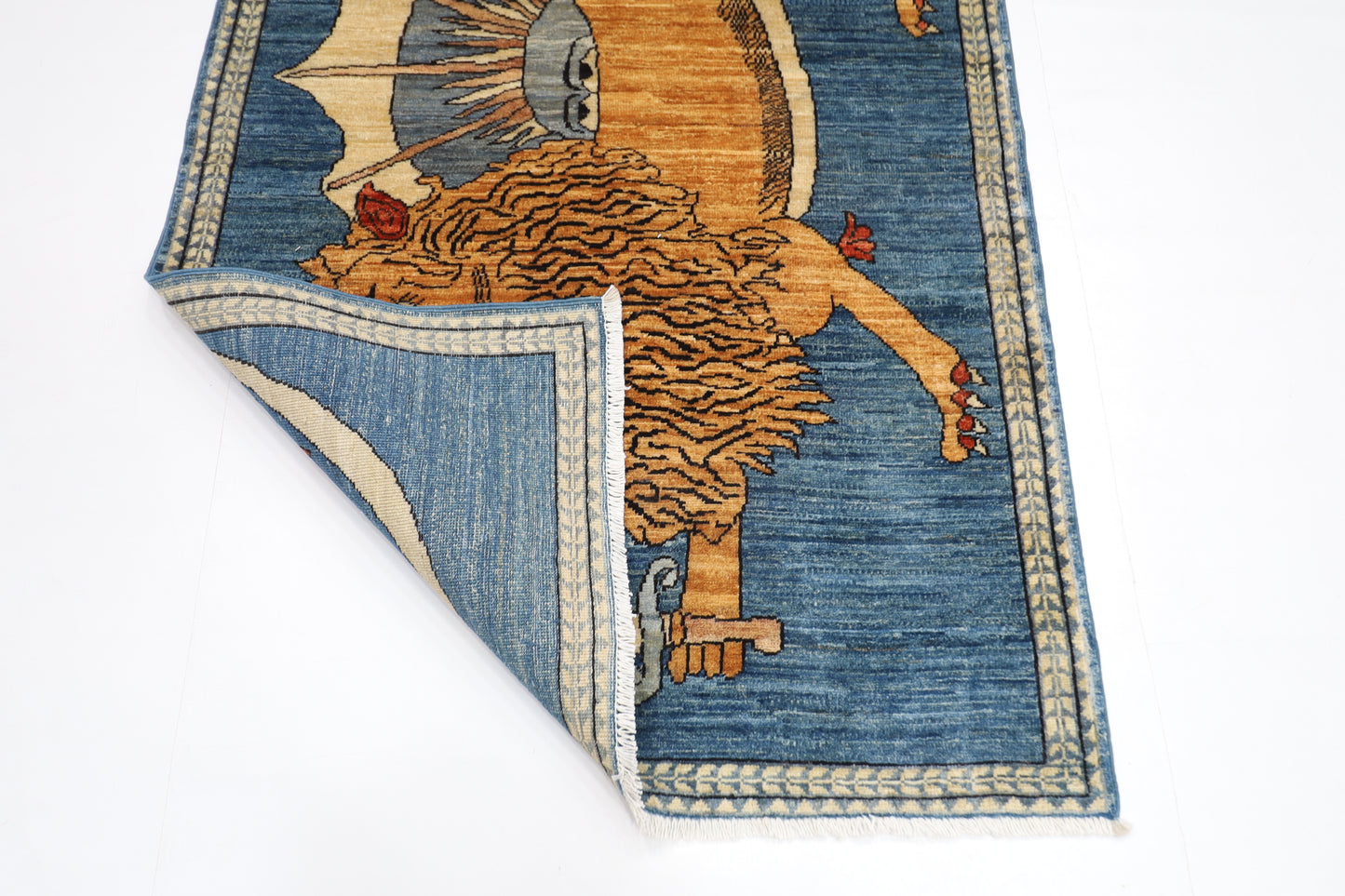 105 x 162 cm | Oriental Lion Blue Area Rug Afghan Hand Knotted Veg dye Wool carpet