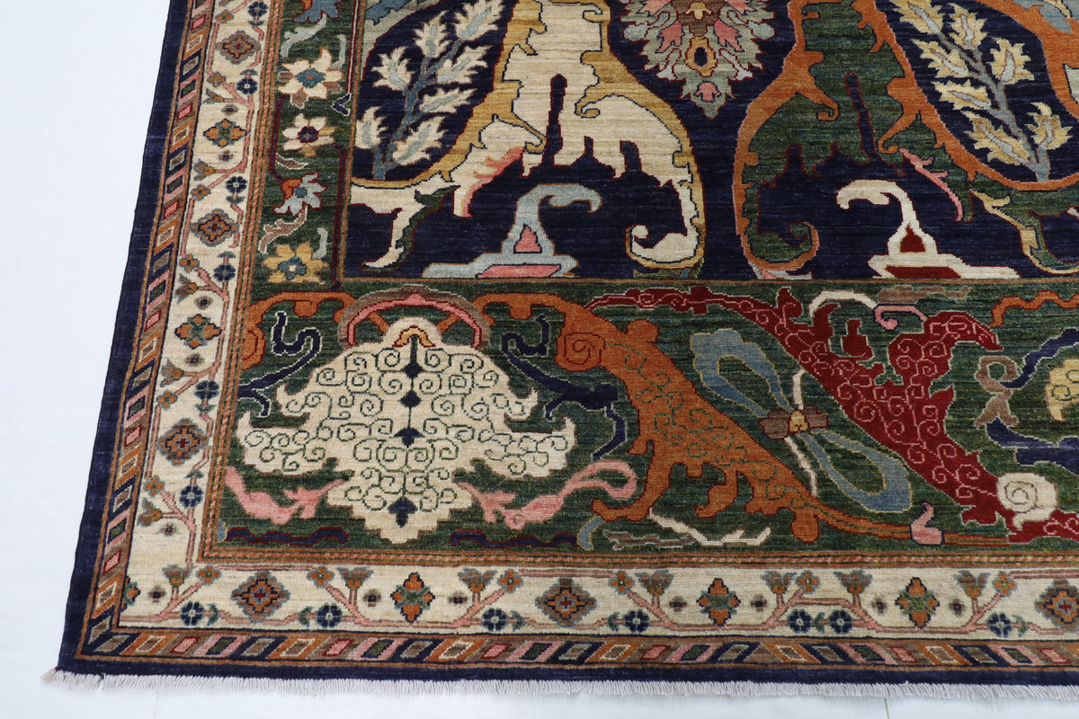 306 x 416 cm | Kawros Blue Design Hand Knotted Wool Afghan Carpet