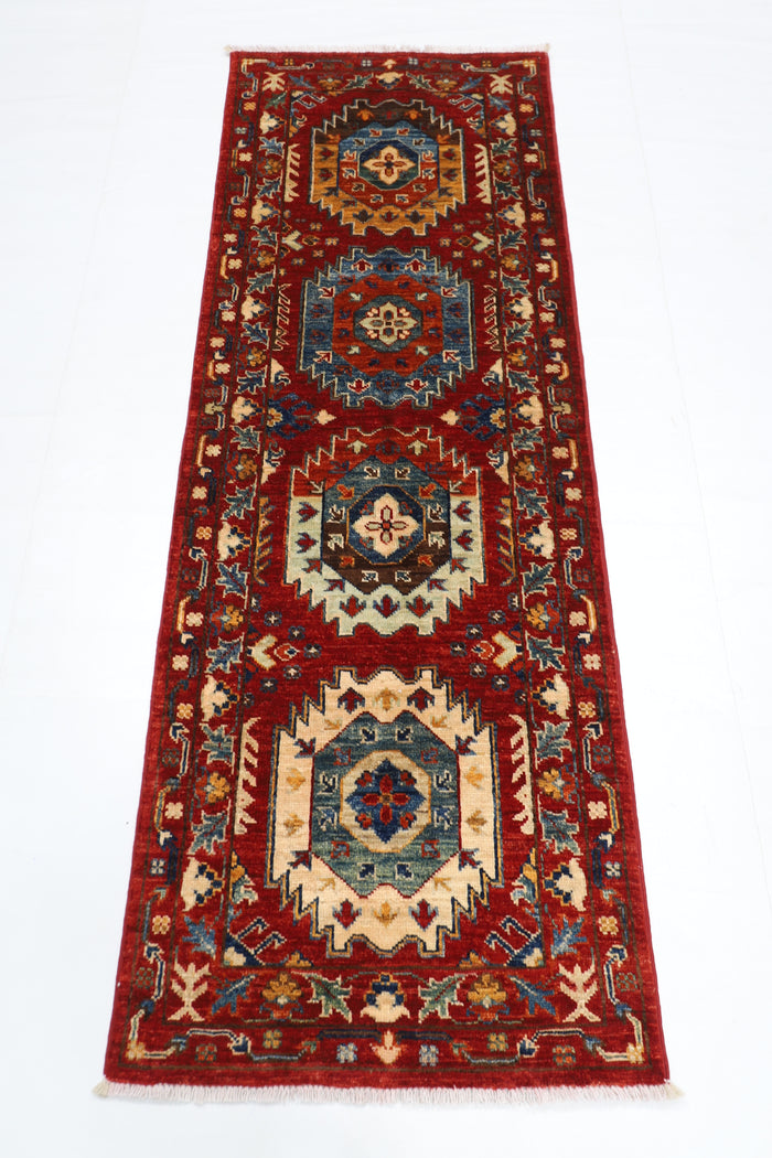 63 x 180 cm | Oriental Waziri Red Runner Rug Afghan Hand Knotted Veg dye Wool carpet