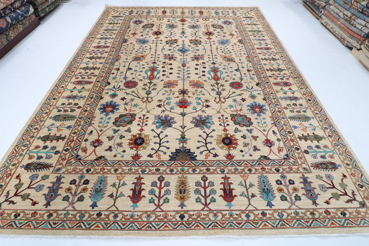 277 x 372 cm | Sultani Beige Design Hand Knotted Wool Afghan Carpet