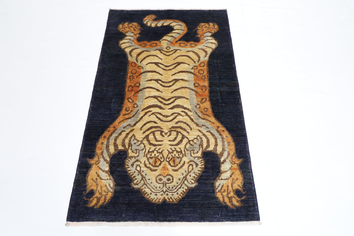 92 x 151 cm | Oriental Tiger Blue Area Rug Afghan Hand Knotted Veg dye Wool carpet