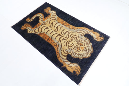 92 x 151 cm | Oriental Tiger Blue Area Rug Afghan Hand Knotted Veg dye Wool carpet