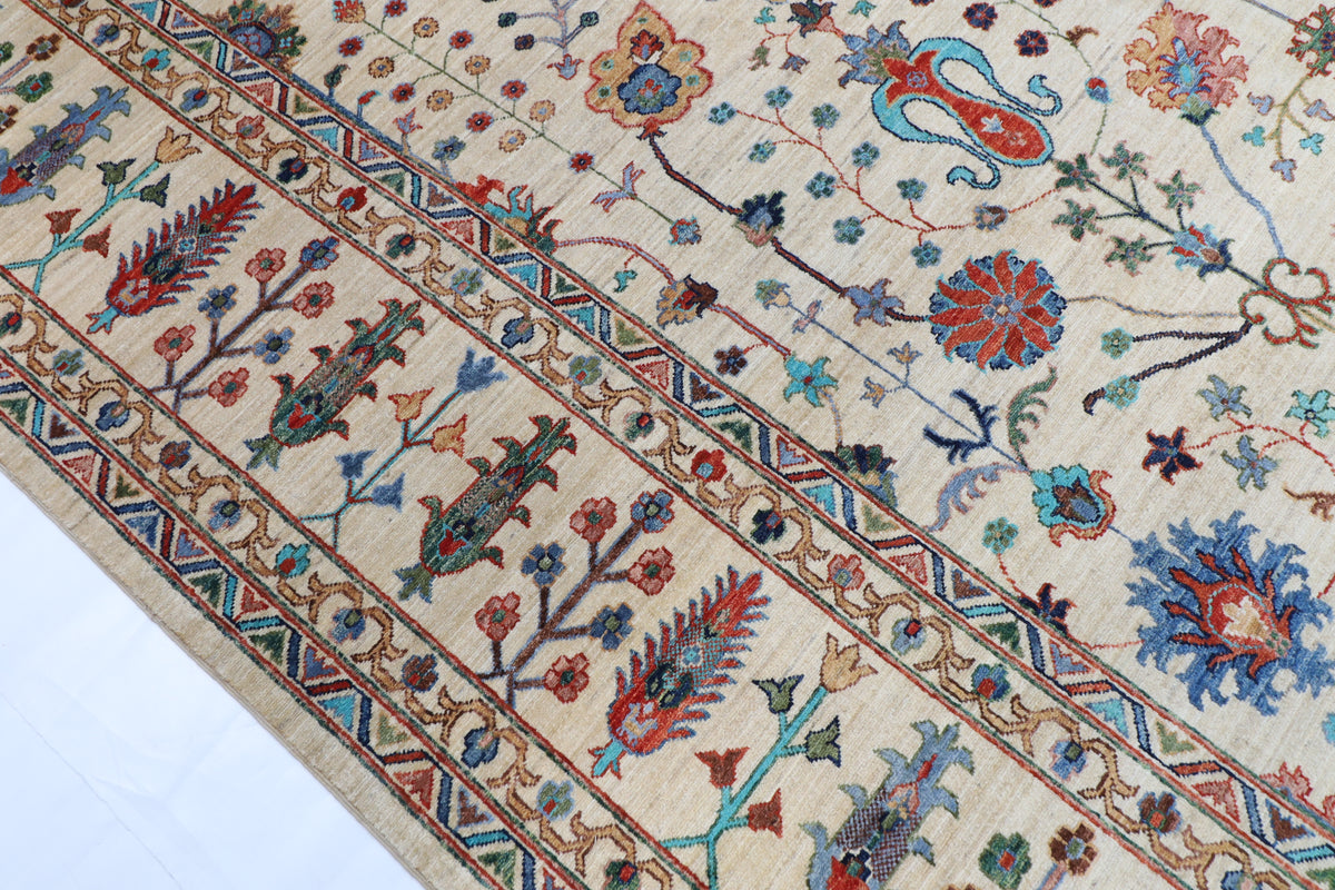277 x 372 cm | Sultani Beige Design Hand Knotted Wool Afghan Carpet