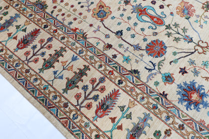 277 x 372 cm | Sultani Beige Design Hand Knotted Wool Afghan Carpet