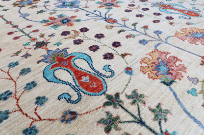 277 x 372 cm | Sultani Beige Design Hand Knotted Wool Afghan Carpet