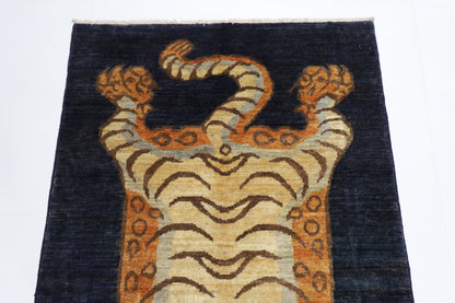 92 x 151 cm | Oriental Tiger Blue Area Rug Afghan Hand Knotted Veg dye Wool carpet