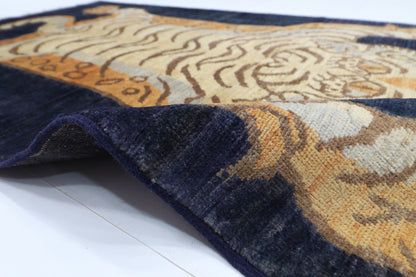 92 x 151 cm | Oriental Tiger Blue Area Rug Afghan Hand Knotted Veg dye Wool carpet