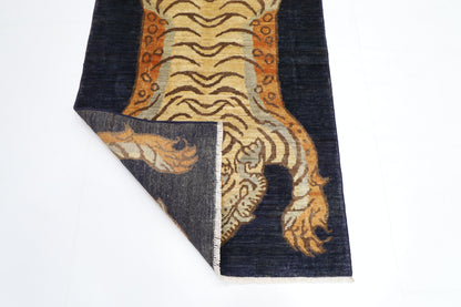 92 x 151 cm | Oriental Tiger Blue Area Rug Afghan Hand Knotted Veg dye Wool carpet