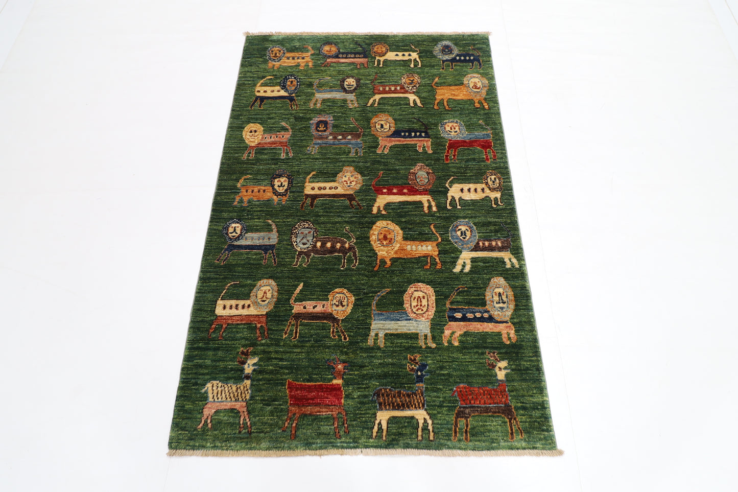 95 x 148 cm | Oriental Lion Green Area Rug Afghan Hand Knotted Veg dye Wool carpet