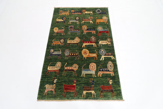 95 x 148 cm | Oriental Lion Green Area Rug Afghan Hand Knotted Veg dye Wool carpet