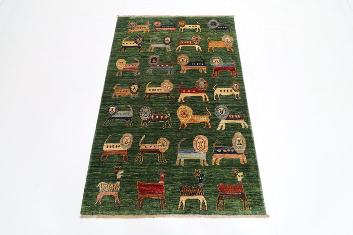 95 x 148 cm | Oriental Lion Green Area Rug Afghan Hand Knotted Veg dye Wool carpet