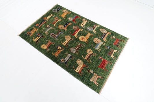 95 x 148 cm | Oriental Lion Green Area Rug Afghan Hand Knotted Veg dye Wool carpet
