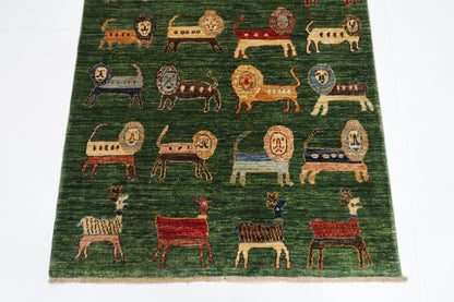 95 x 148 cm | Oriental Lion Green Area Rug Afghan Hand Knotted Veg dye Wool carpet