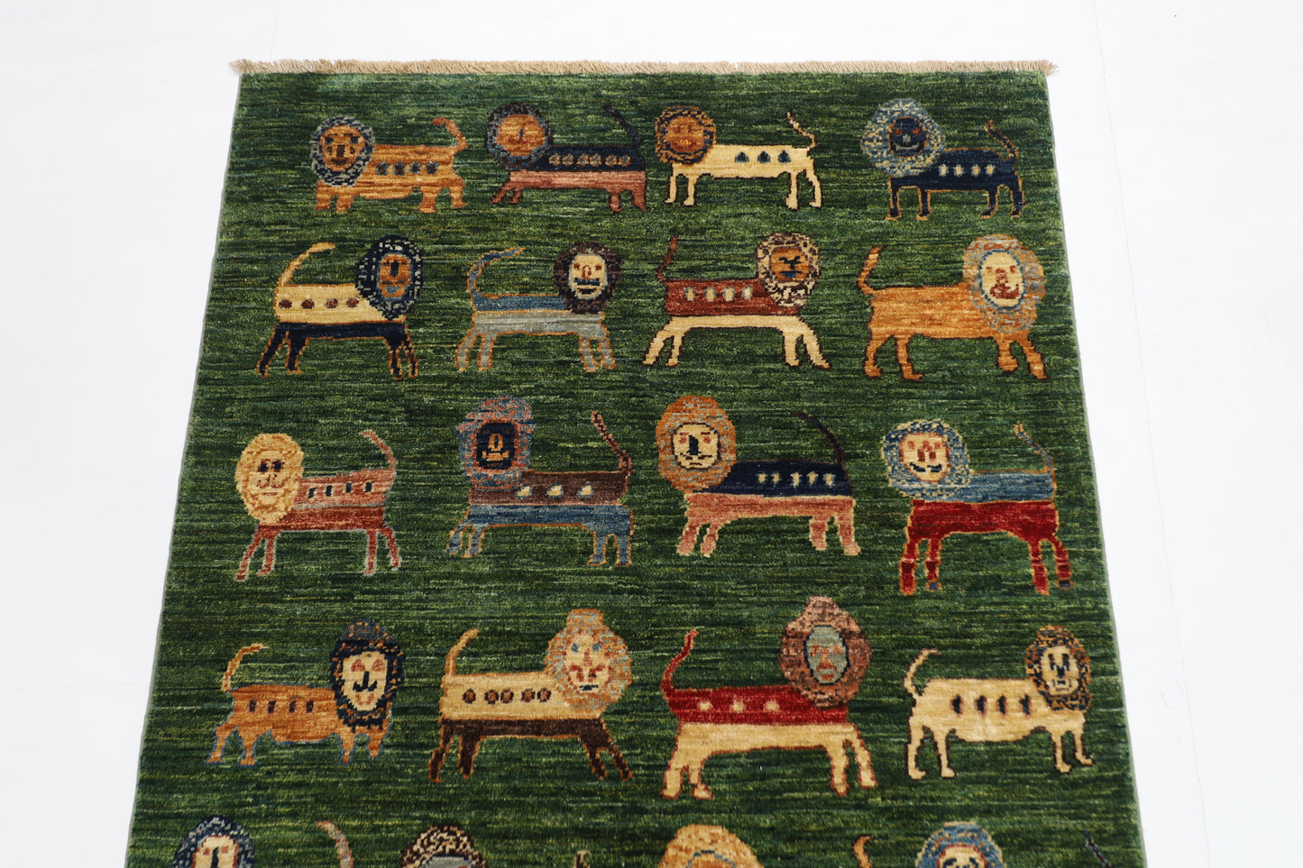 95 x 148 cm | Oriental Lion Green Area Rug Afghan Hand Knotted Veg dye Wool carpet
