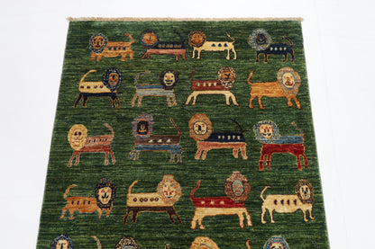95 x 148 cm | Oriental Lion Green Area Rug Afghan Hand Knotted Veg dye Wool carpet
