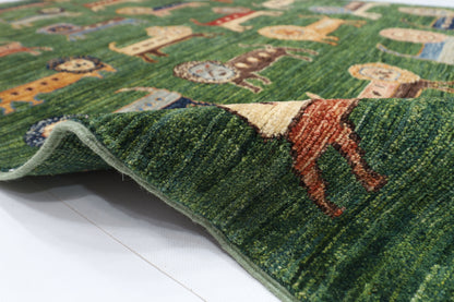 95 x 148 cm | Oriental Lion Green Area Rug Afghan Hand Knotted Veg dye Wool carpet