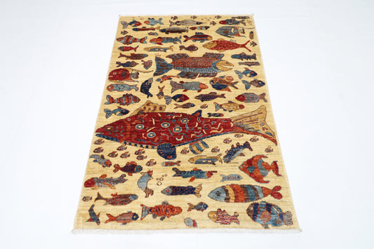 101 x 152 cm | Fish Party Afghan Tribal Hand Knotted Veg Dye Wool Carpet