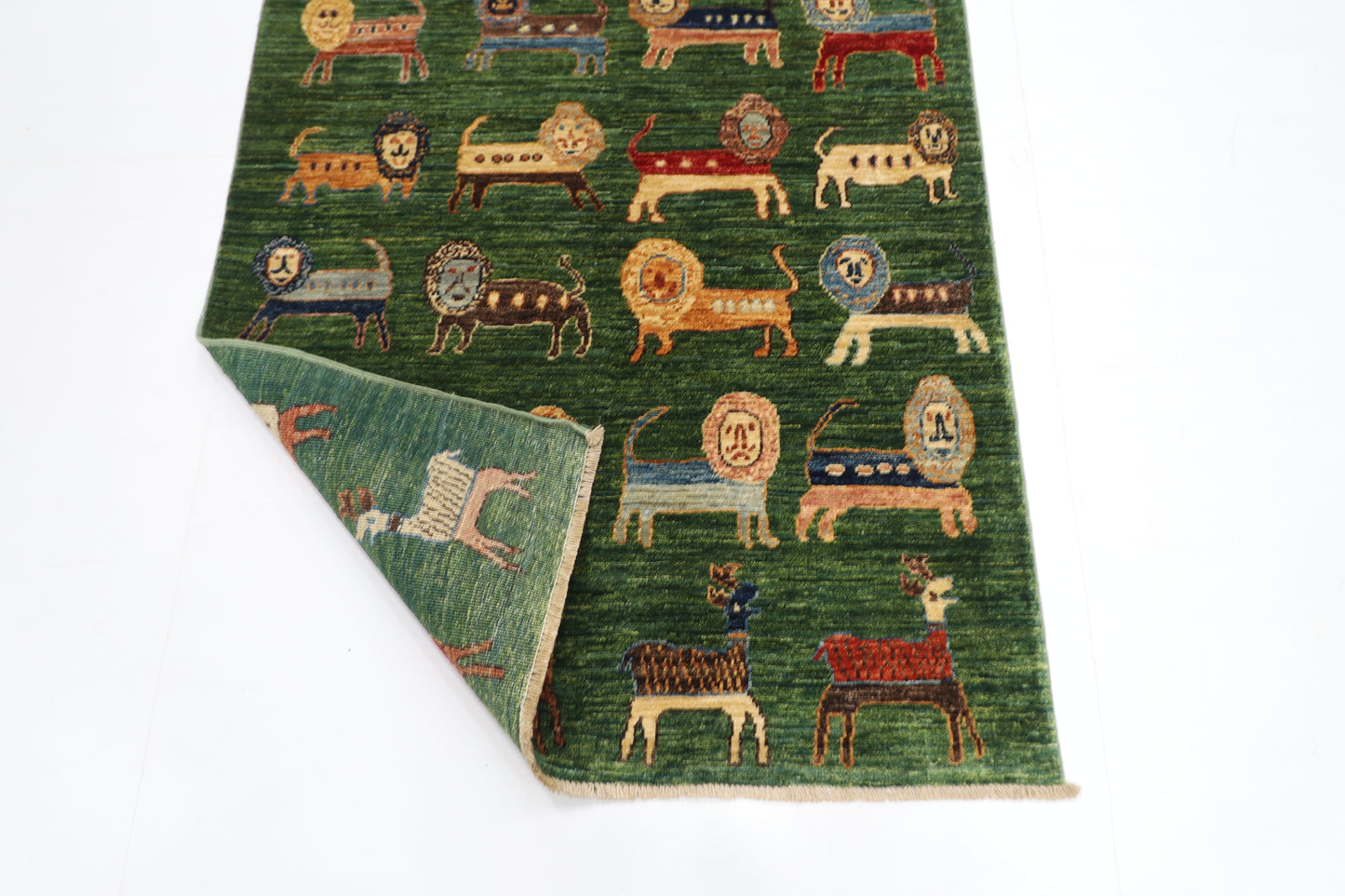 95 x 148 cm | Oriental Lion Green Area Rug Afghan Hand Knotted Veg dye Wool carpet