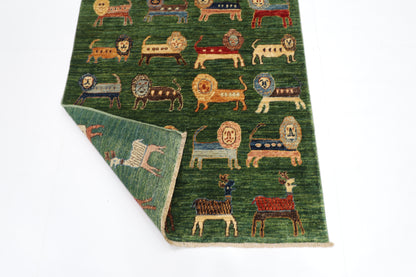 95 x 148 cm | Oriental Lion Green Area Rug Afghan Hand Knotted Veg dye Wool carpet