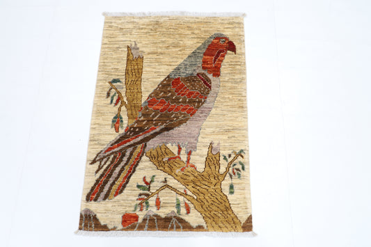 63 x 91 cm | Oriental Bird Accent Rug Afghan Hand Knotted Veg dye Wool carpet
