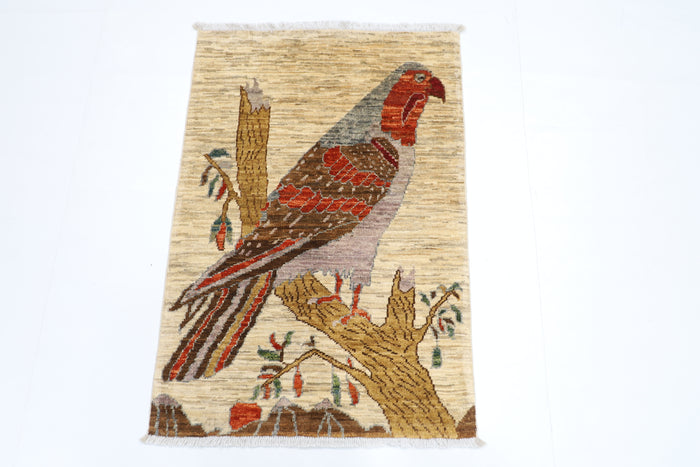 63 x 91 cm | Oriental Bird Accent Rug Afghan Hand Knotted Veg dye Wool carpet