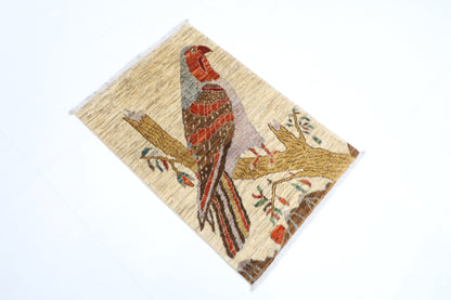 63 x 91 cm | Oriental Bird Accent Rug Afghan Hand Knotted Veg dye Wool carpet
