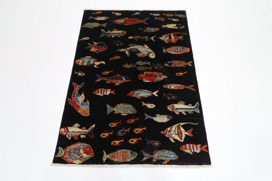 104 x 145 cm | Oriental Fish Black Rug Afghan Hand Knotted Veg dye Wool carpet