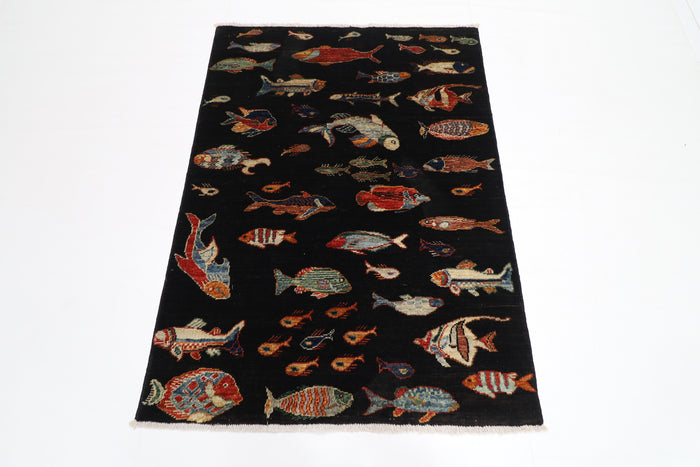 104 x 145 cm | Oriental Fish Black Rug Afghan Hand Knotted Veg dye Wool carpet