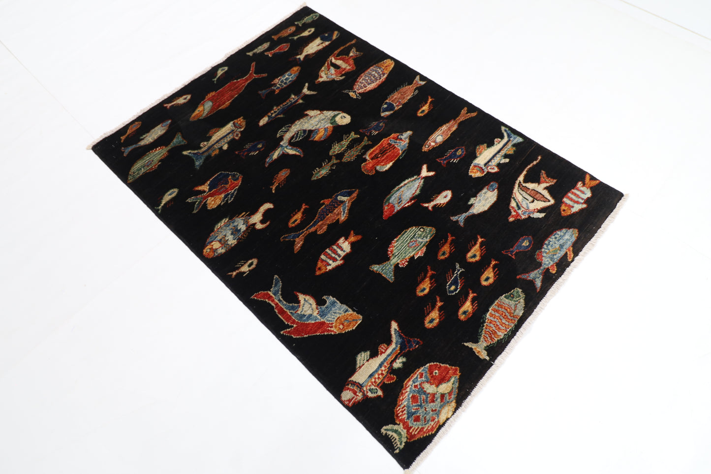104 x 145 cm | Oriental Fish Black Rug Afghan Hand Knotted Veg dye Wool carpet