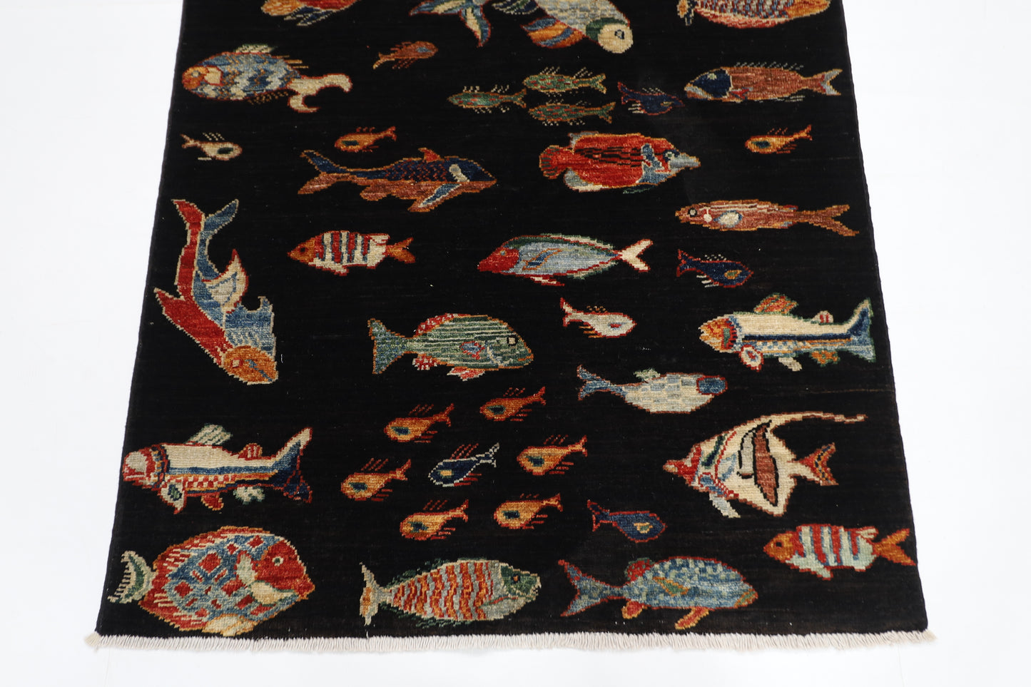 104 x 145 cm | Oriental Fish Black Rug Afghan Hand Knotted Veg dye Wool carpet