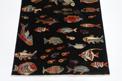 104 x 145 cm | Oriental Fish Black Rug Afghan Hand Knotted Veg dye Wool carpet