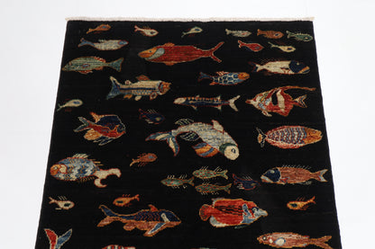 104 x 145 cm | Oriental Fish Black Rug Afghan Hand Knotted Veg dye Wool carpet