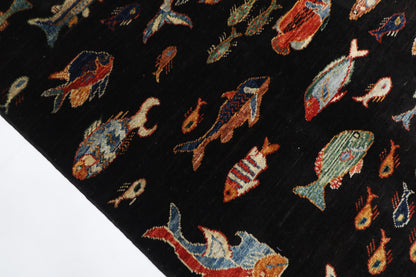 104 x 145 cm | Oriental Fish Black Rug Afghan Hand Knotted Veg dye Wool carpet