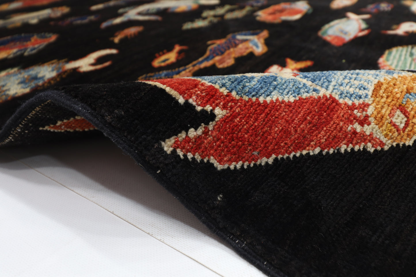104 x 145 cm | Oriental Fish Black Rug Afghan Hand Knotted Veg dye Wool carpet