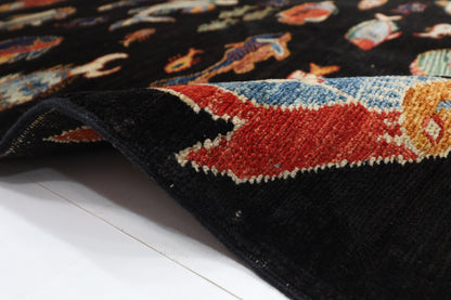 104 x 145 cm | Oriental Fish Black Rug Afghan Hand Knotted Veg dye Wool carpet