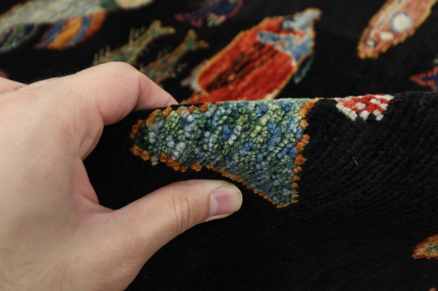 104 x 145 cm | Oriental Fish Black Rug Afghan Hand Knotted Veg dye Wool carpet